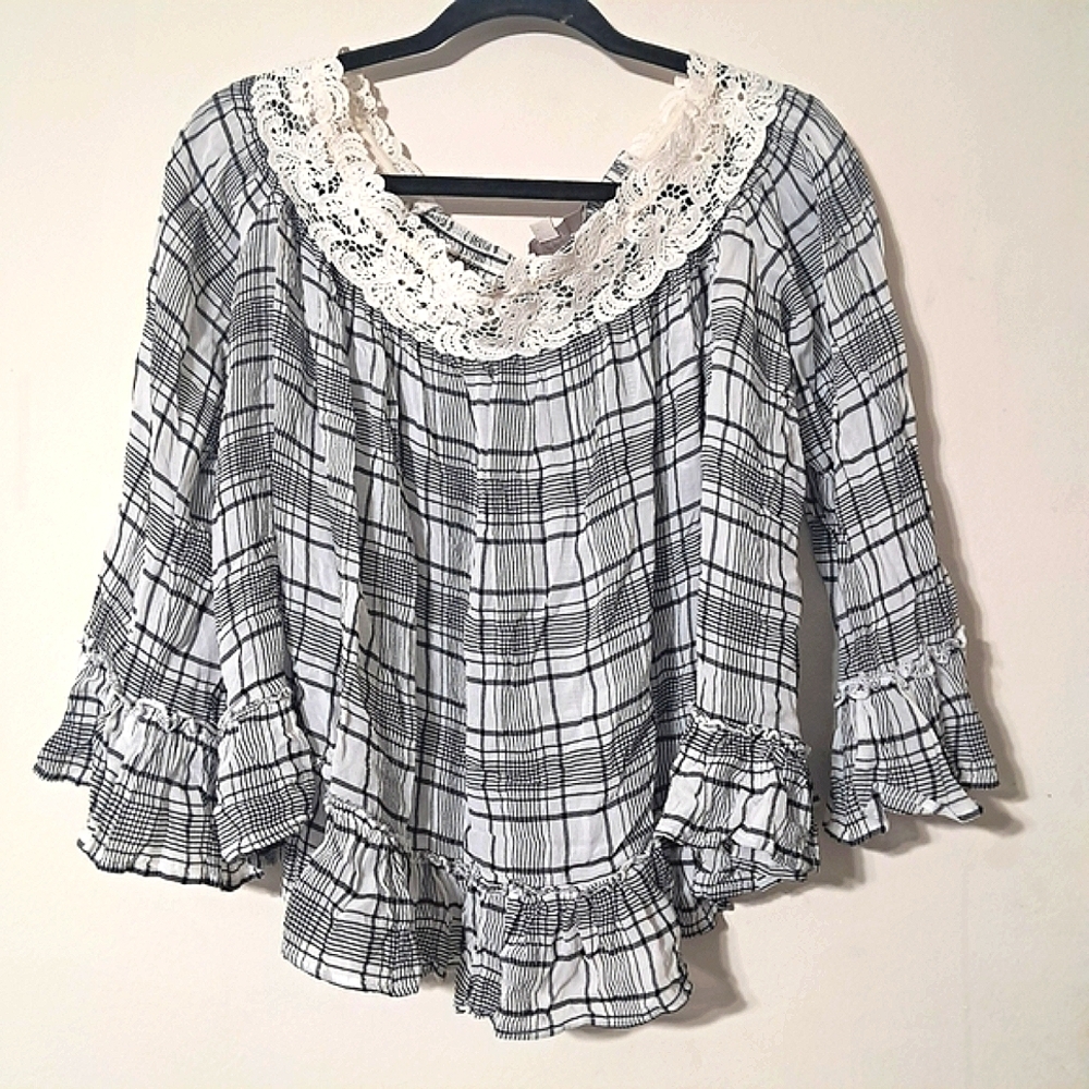 LOFT Black and White Ruffled Bell Sleeve Blouse